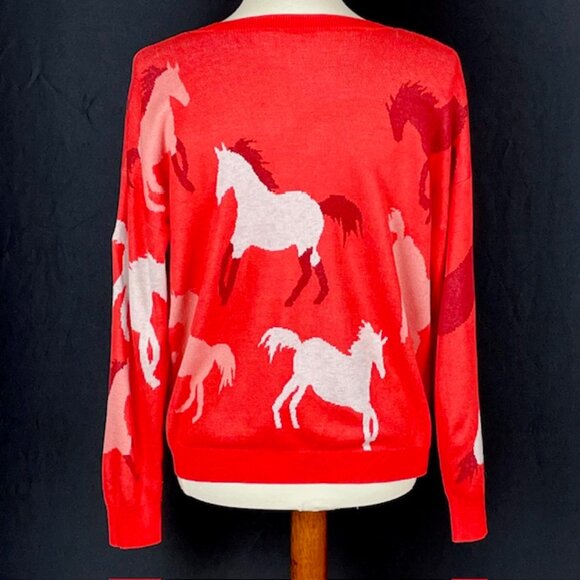 LOFT Horse Sweater Sz M Western Equestrian Preppy Red Orange - Picture 4 of 7